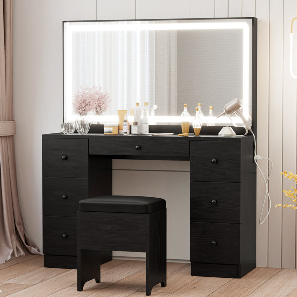 Latitude Run® Makeup Vanity Desk with LED Lighted Mirror & Power Outlet